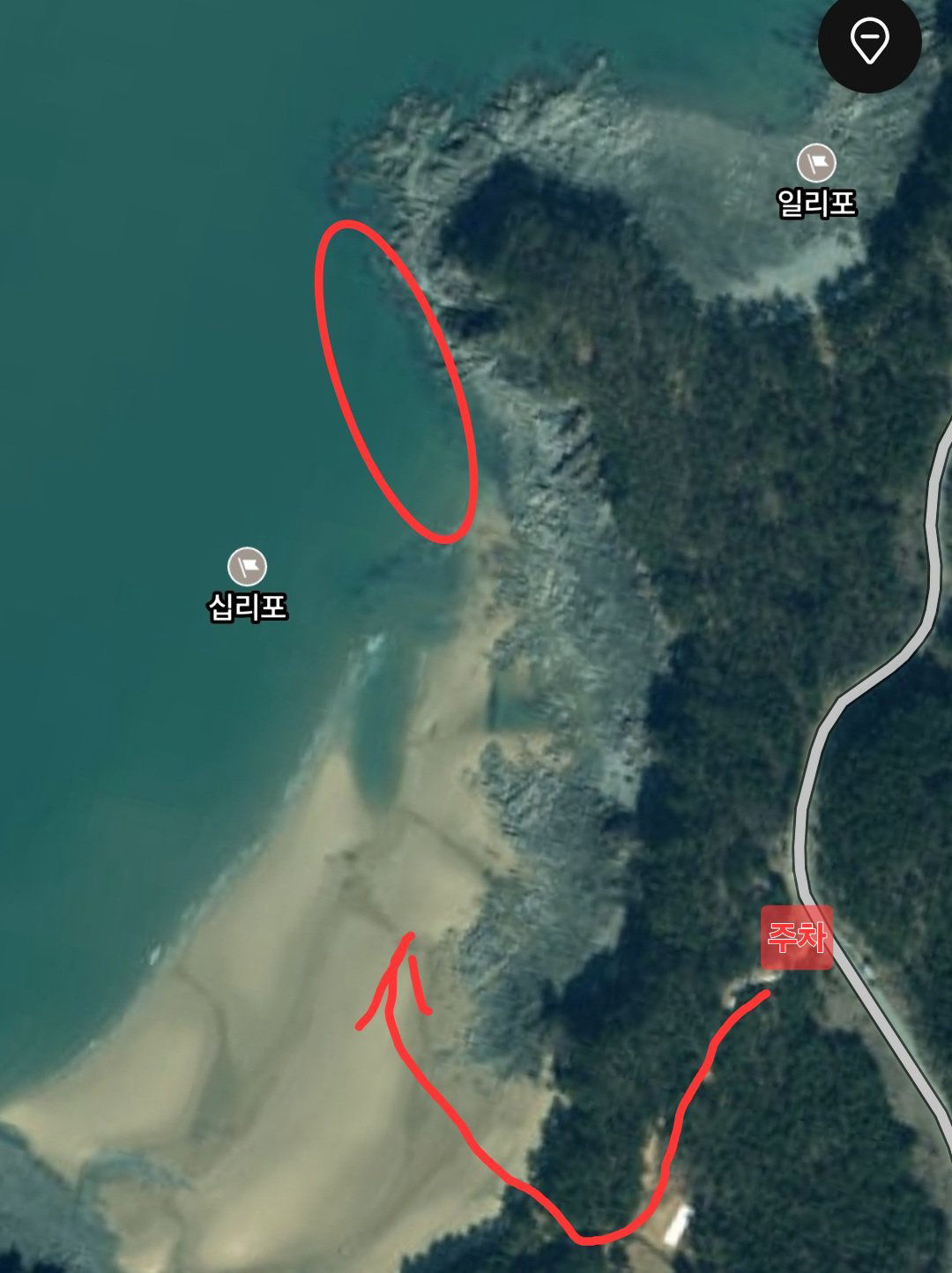 십리포 갯바위 진입 위치 지도