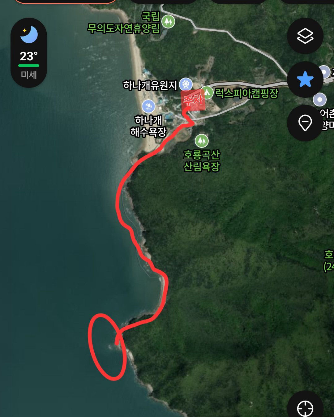 하나개 해수욕장 갯바위 진입 위치 지도