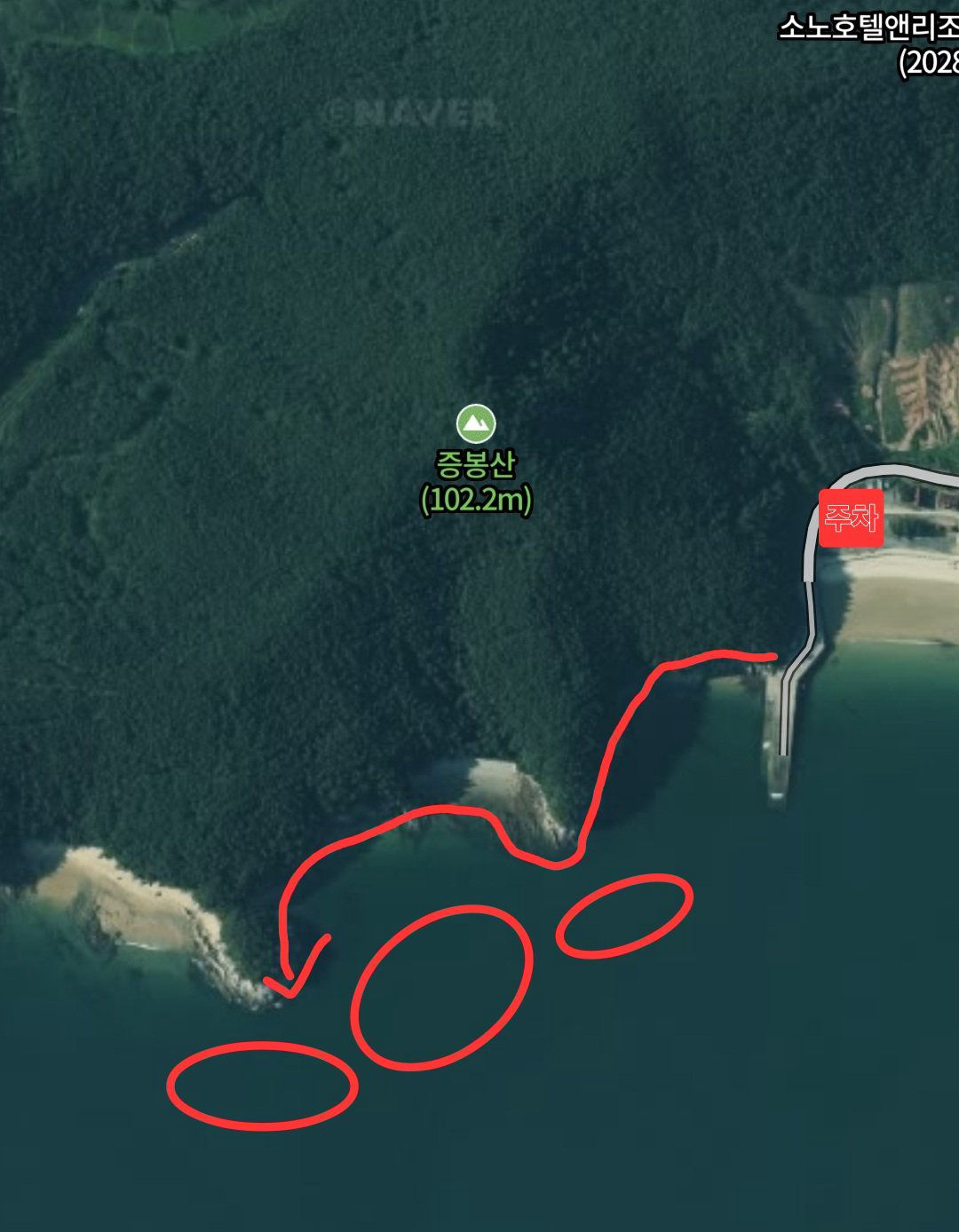 오봉산 갯바위(해수욕장 우측) 진입 위치 지도